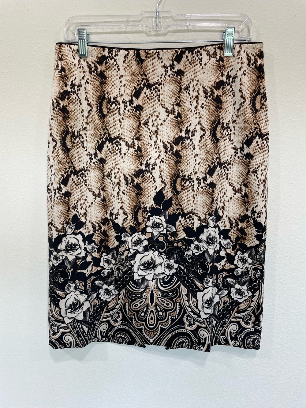 White House Black Market Beige Snake-Print Pencil Skirt with Black Floral Border